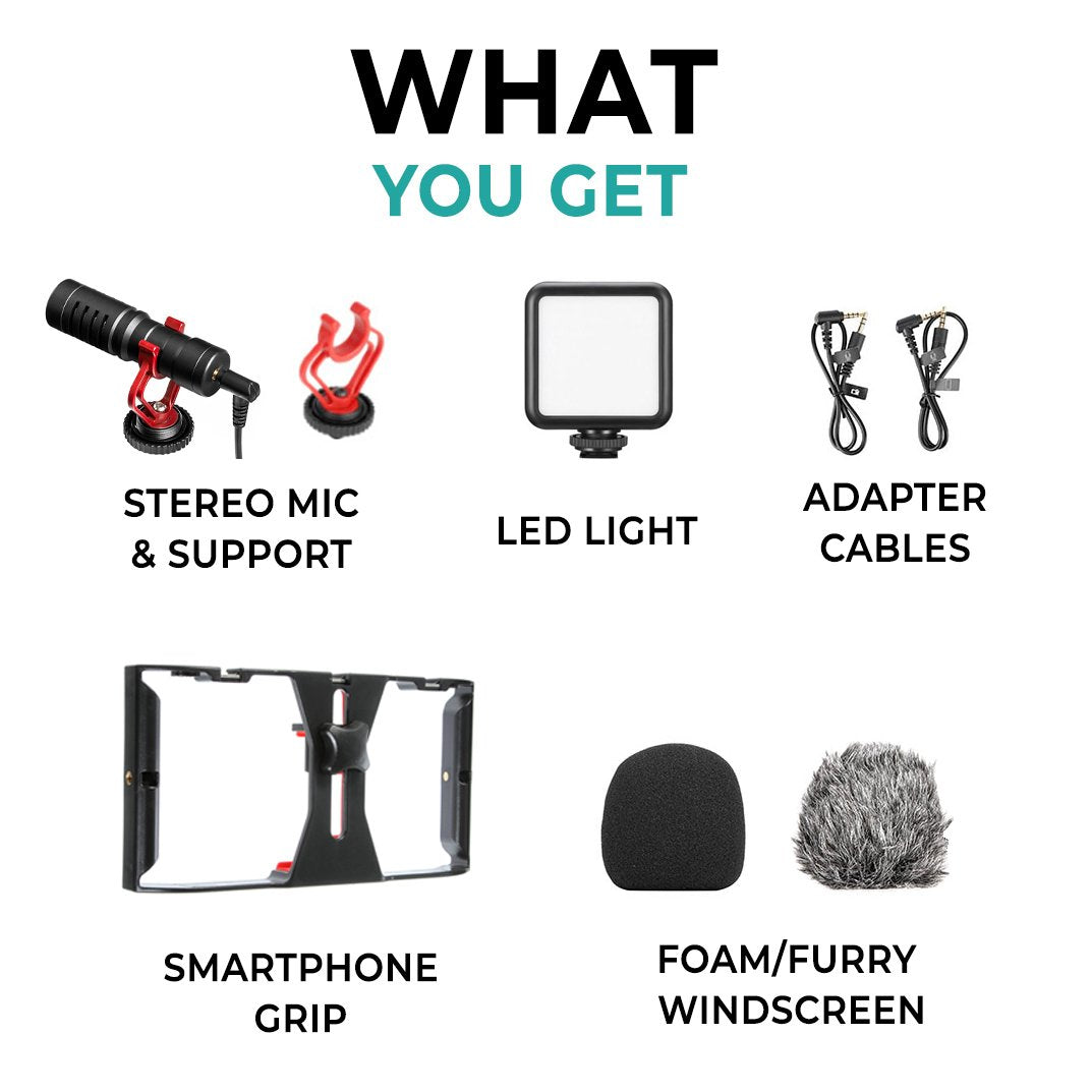 Smartphone Video Kit with Grip Rig, Stereo Microphone & LED Light